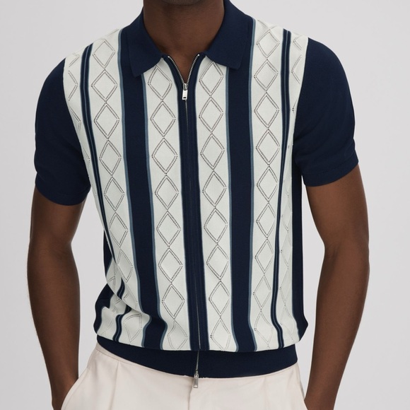 Reiss Navy and White Striped Full Zip Polo - Picture 1 of 8